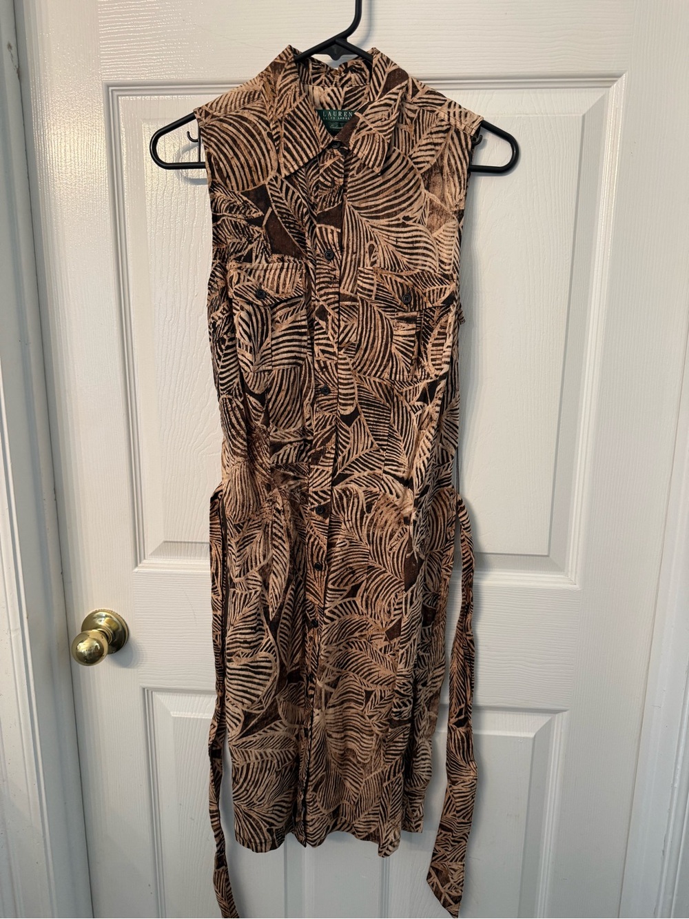 Lauren Ralph Lauren linen shirt dress brown and beige tropical leaf print Size 8